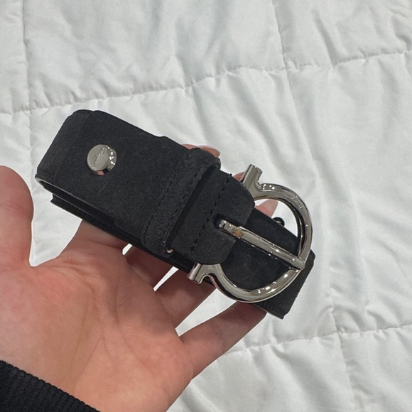 Salvatore Ferragamo dark grey Suede Belt with Silver Buckle